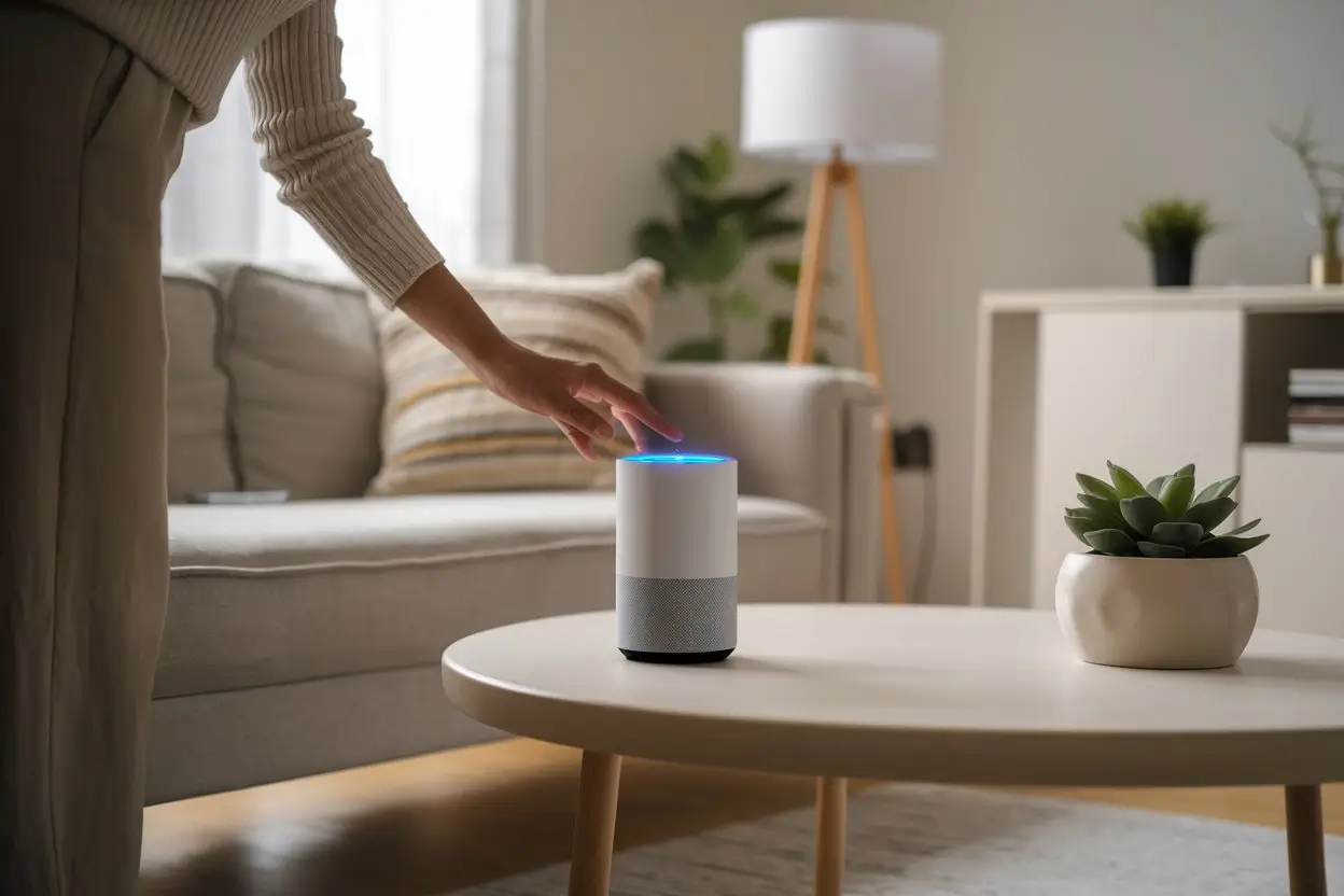 A photo of a person organizing a tidy living room while using a smart speaker (Amazon Alexa or Google Home). The person is standing near a couch and a coffee table. The room has a few decorative items, including a plant and a lamp. The person is interacting with the smart speaker, which is on the coffee table. The smart speaker has a top with a circular design and a bottom with a cylindrical shape. The room has a neutral color palette, with the walls, flooring, and furniture in shades of beige, gray, and brown. The lighting is soft.