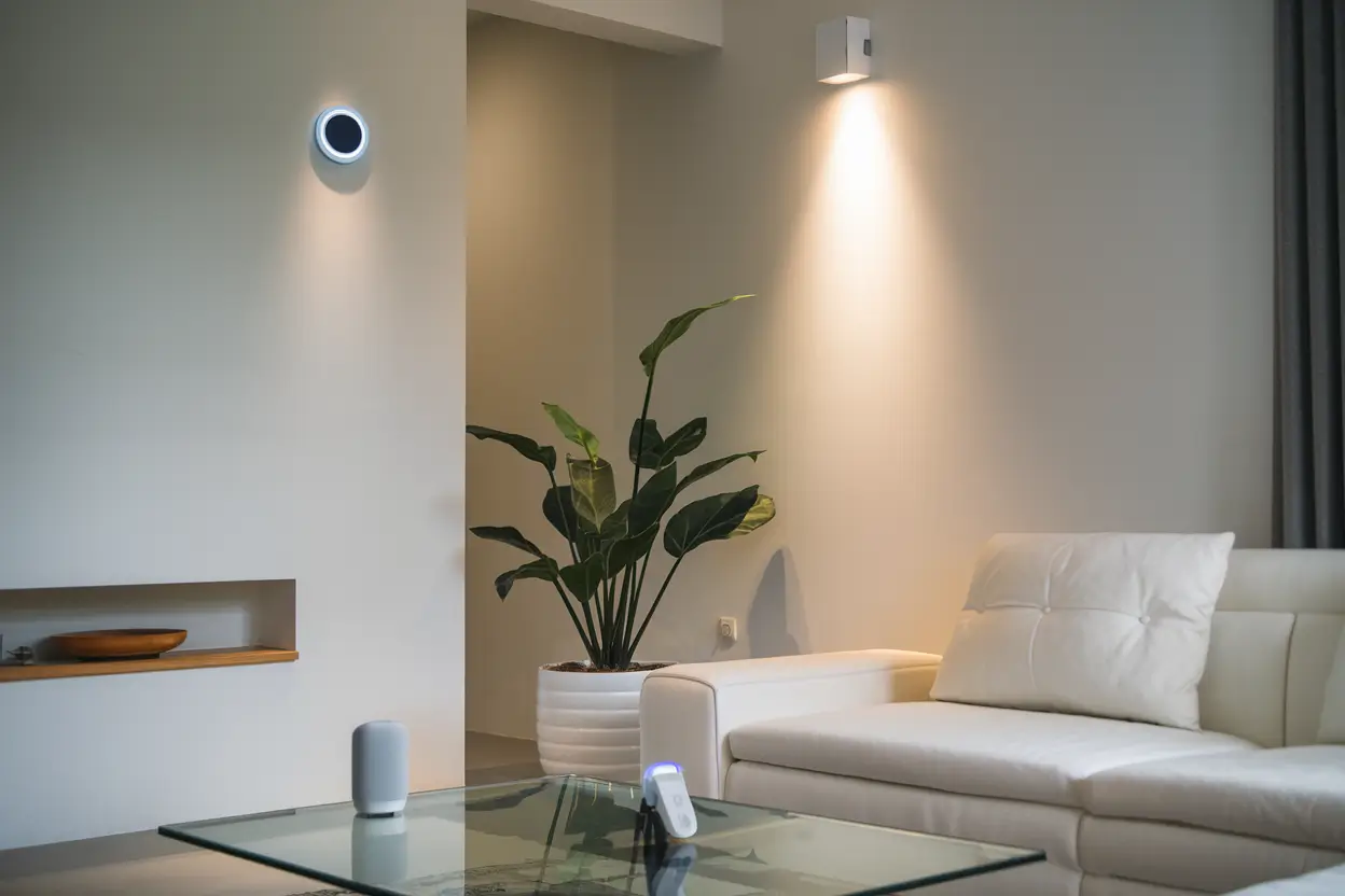 A photo of a modern, tech-integrated home with voice-controlled smart devices, motion sensor lights, and neatly arranged furniture in a minimalist, clutter-free setting. The living room has a white sofa, a coffee table, and a potted plant. There is a motion sensor light near the ceiling. A voice-controlled smart device is placed on the coffee table. The walls are painted white.