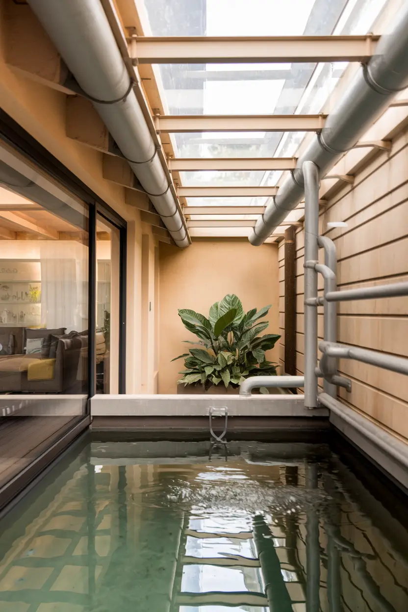 A photo of a rainwater harvesting system seamlessly integrated into the modern architecture of an eco-home. The system includes a series of gutters and pipes that channel rainwater into a large storage tank. The tank is partially visible and is made of glass, allowing for a clear view of the water inside. The background reveals a living area with a sofa and a potted plant. The overall image has a warm, earthy hue.
