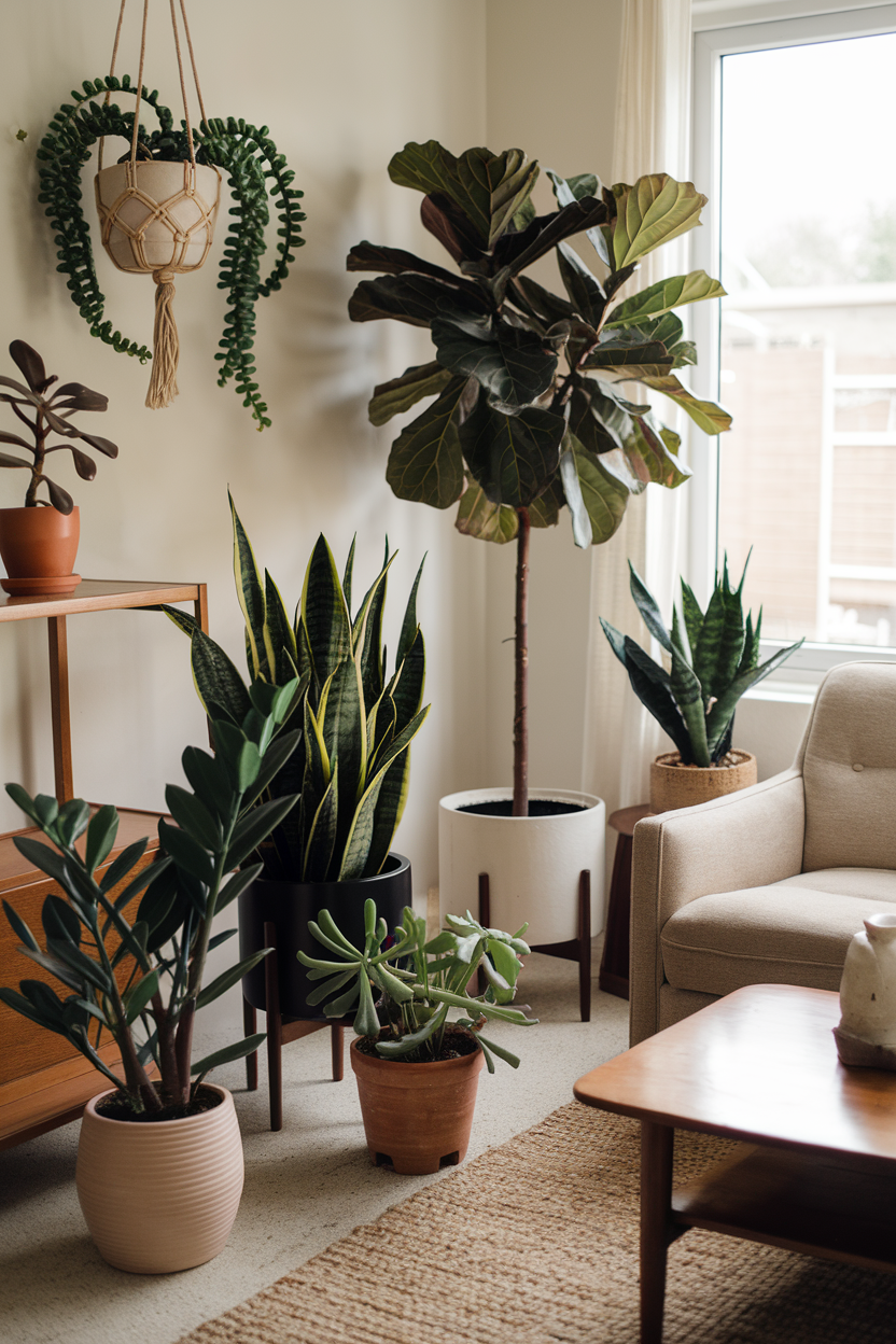 A photo of a living room with a variety of indoor plants. There's a large fiddle leaf fig tree in a white pot near the window. A snake plant with green and yellow striped leaves is in a black pot by the sofa. A small succulent plant with round, green leaves is in a terracotta pot on a wooden shelf. A zz plant with glossy, dark green leaves is in a white pot on the floor. A spider plant with arching, green leaves is in a ceramic pot hanging from the ceiling. The room has a beige sofa, a wooden coffee table, and a woven rug.