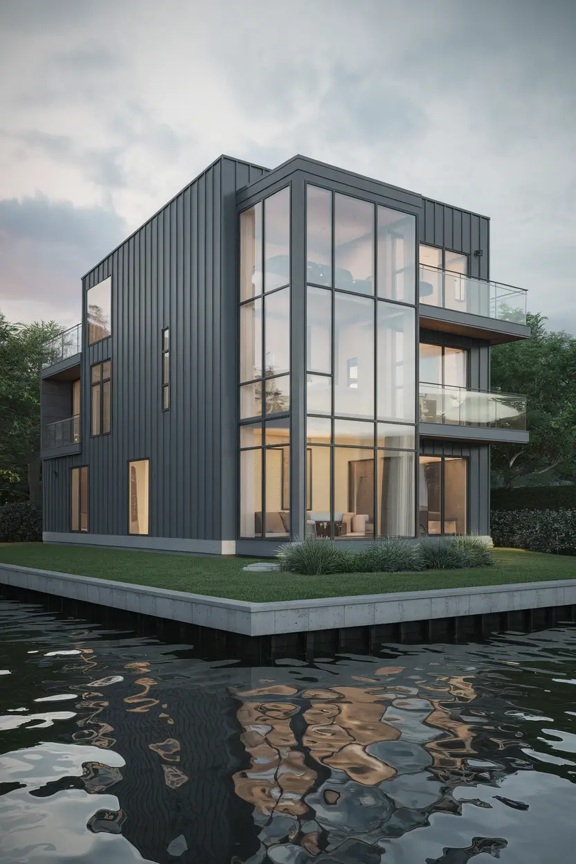 A photorealistic render of a contemporary waterfront residence with industrial-inspired metal siding in matte charcoal gray and oversized floor-to-ceiling windows. The shot is from a waterfront angle during the early evening, with soft directional lighting highlighting the contrast between the metal exterior and glass elements. The background contains calm waters and lush greenery.