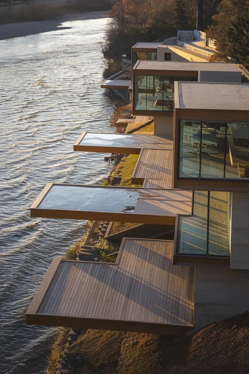 Aerial perspective of a modern linear riverside home built along sloping terrain with multiple cantilevered viewing decks at varying levels. The contemporary architectural style features wood and concrete elements, and floor-to-ceiling windows face the river. The late afternoon lighting casts interesting shadows. The professional architectural photography shows the relationship between the structure and the flowing water.
