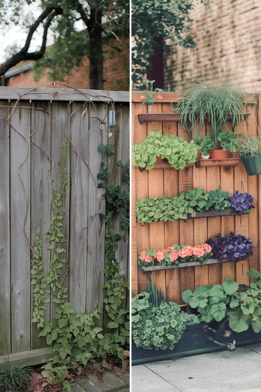 A photo of a plain fence being transformed into a living garden showcase. The before photo shows a wooden fence with some vines growing on it. The after photo shows the same fence with a variety of plants, including flowers, herbs, and vegetables, growing on it. There are also some pots with plants hanging from the fence. The background has a brick wall and some trees.
