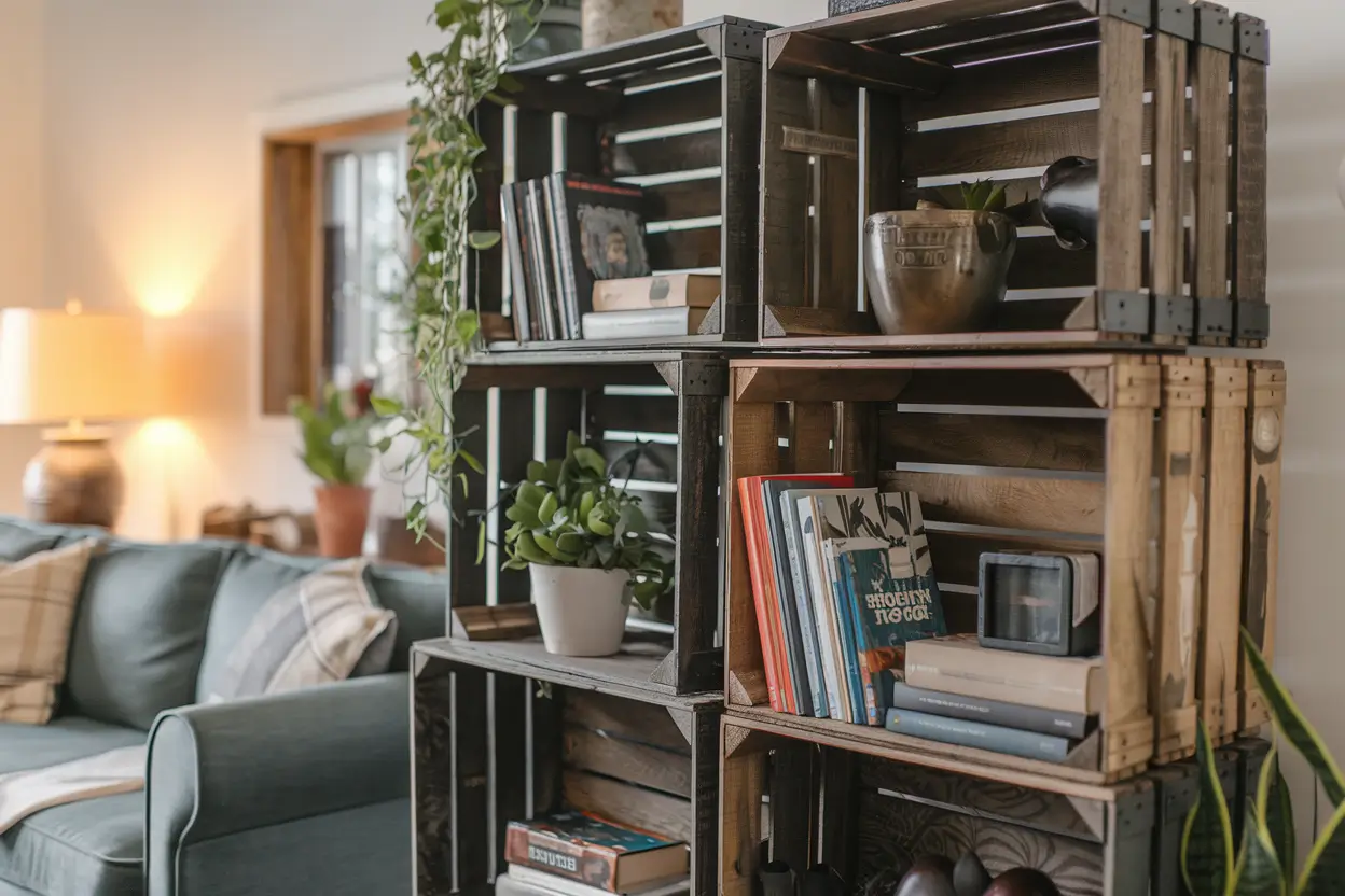 A photo of a cozy home with a vintage aesthetic. There are stacked wooden wine crates turned into modular shelving units. The crates are slightly distressed and hold books, plants, and decorative objects. The background contains a sofa, a lamp, and a potted plant. The overall ambiance is warm and inviting.