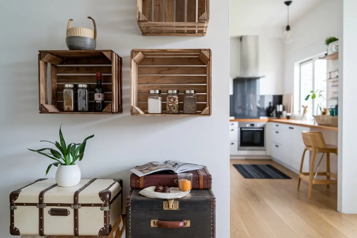 A modern, well-organized home with repurposed storage solutions. Old wooden crates serve as bookshelves, glass jars hold spices in the kitchen, and a vintage suitcase is repurposed as a stylish side table with hidden storage. Natural light enhances the eco-friendly aesthetic.