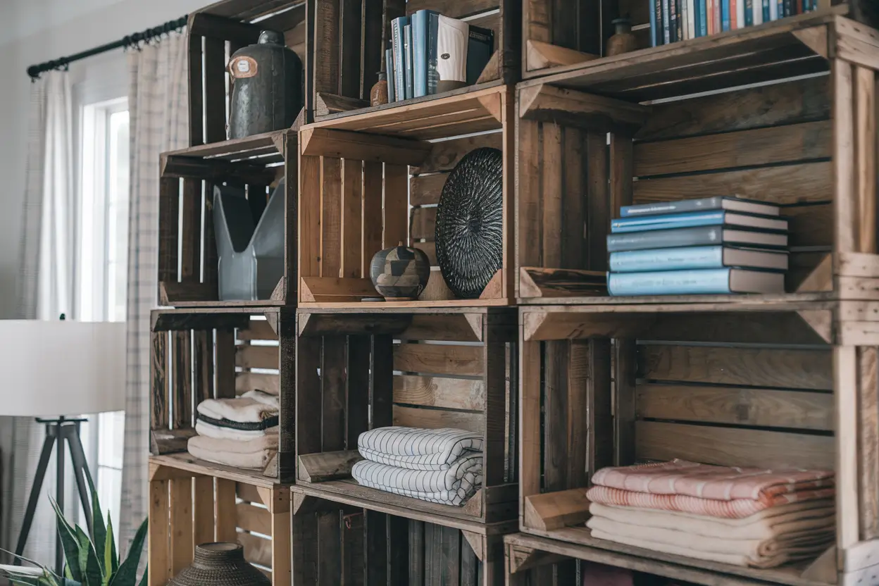 A photo of rustic wooden crates repurposed as storage shelves. The crates are stacked neatly against a wall, creating multiple levels of shelves. The shelves are filled with books, decorative pieces, and folded textiles. The aged wood has a distressed look, adding charm to the space. The background contains a window with a curtain, a lamp, and a plant.