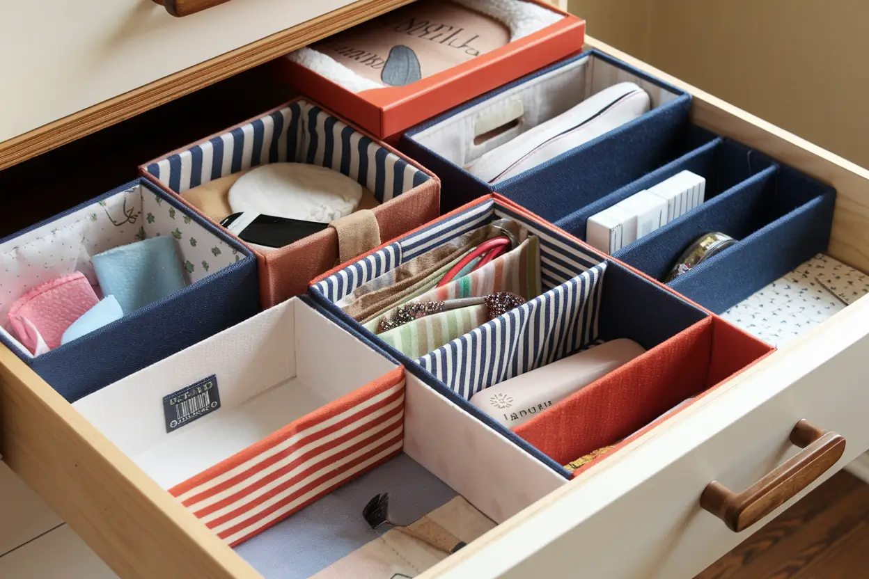 A photo of a drawer filled with upcycled shoeboxes. The shoeboxes have been transformed into stylish storage organizers for office supplies, makeup, or accessories. The boxes are lined with recycled fabric and are arranged in an aesthetically pleasing manner. The drawer has a wooden frame and is made of medium-density fibreboard (MDF). The background is a beige wall.