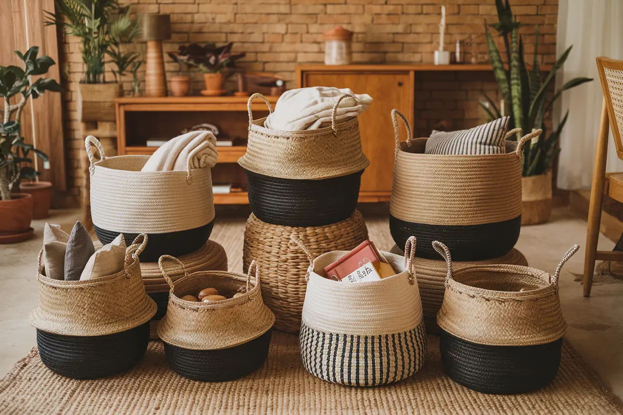 A warm-toned living space with a rustic and sustainable feel, features a collection of woven baskets made from natural fibers like seagrass, jute, and bamboo. The baskets are filled with neatly folded blankets, books, and household essentials. The room has wooden furniture, a brick wall, and a few potted plants. The floor is covered with a handmade rug.