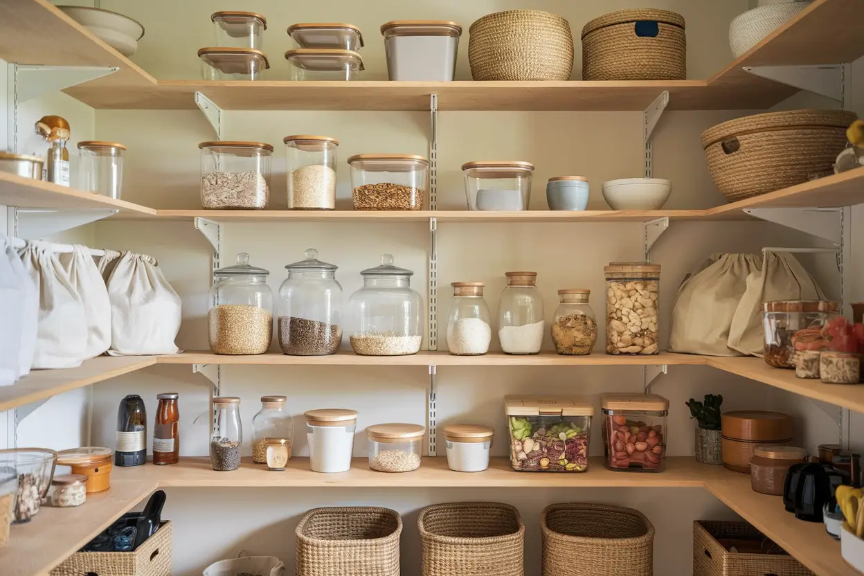 A photo of a kitchen pantry free of plastic. The pantry contains glass jars, ceramic containers, and woven baskets for food storage. Wooden shelves hold neatly arranged bulk food items. Cloth bags replace plastic produce bags. The background is a beige wall.