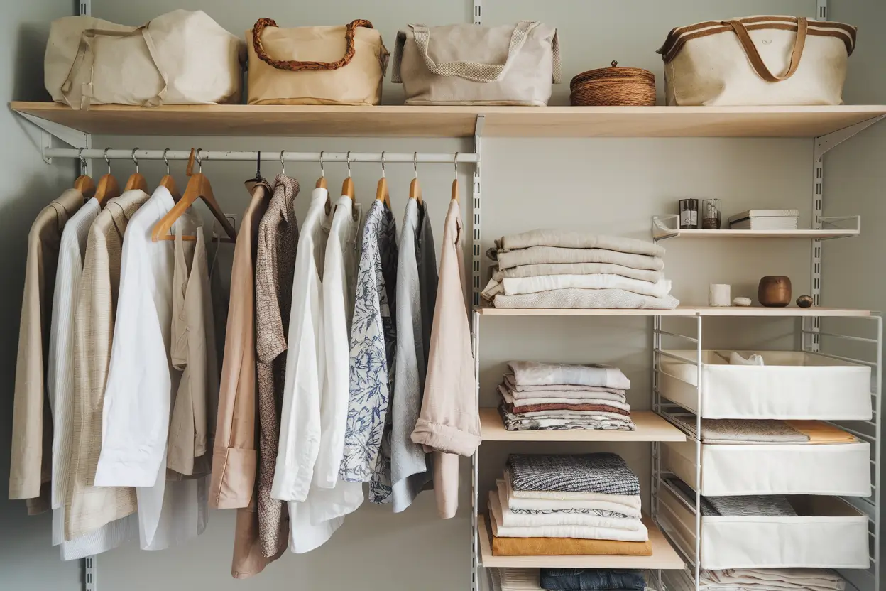 A photo of an eco-friendly wardrobe with natural fiber garment bags, wooden hangers, and fabric storage bins. Clothes are neatly arranged, with a small section dedicated to folded sustainable fabrics like linen and organic cotton. There's a wooden shelf above the wardrobe, holding small decorative items. The background is a light grey color.