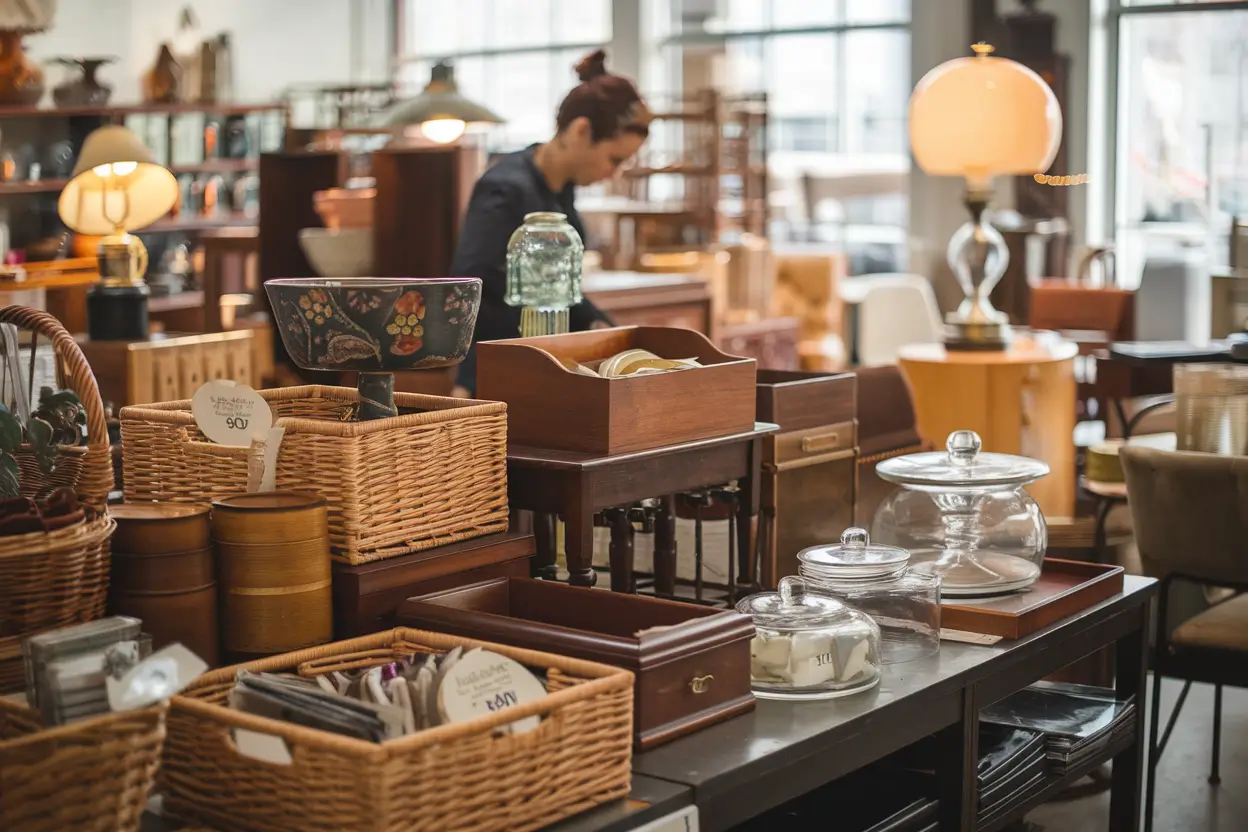 A photo of a bustling thrift store with baskets, wooden organizers, and glass containers on display. A person is inspecting a vintage wooden box. The background reveals more vintage items, including a lamp and a chair. The atmosphere is warm and inviting.