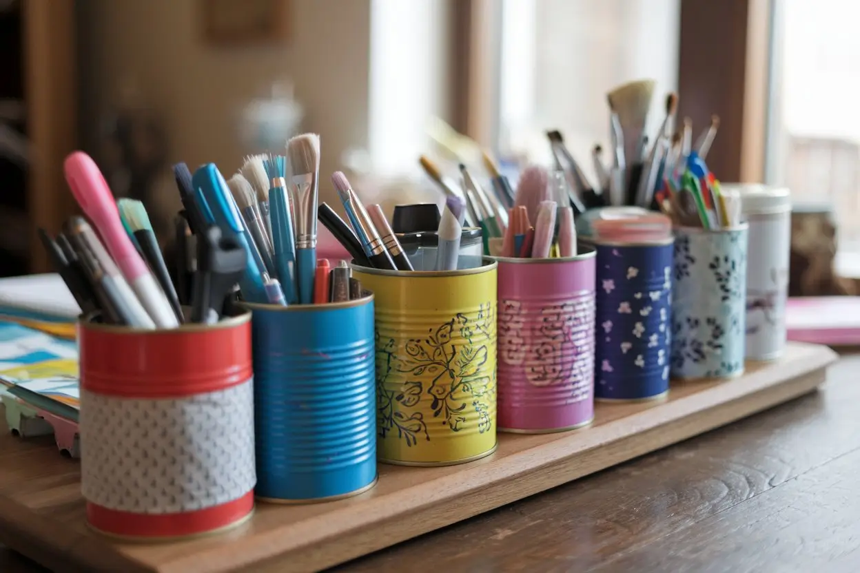 A photo of a wooden desk with colorful, repurposed tin cans. The cans are filled with pens, paintbrushes, and small office supplies. Some cans have been painted or wrapped in fabric, adding a touch of style. The background is a cozy room with a window.