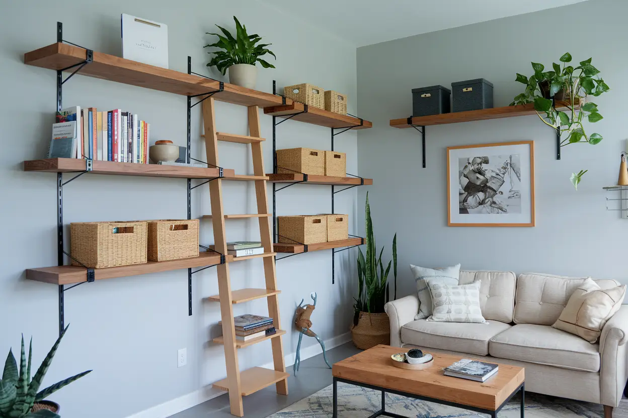 A photo of a modern, organized small apartment with wall-mounted shelves made from reclaimed wood. The shelves hold books, plants, and storage baskets. A ladder shelf leans against the wall, maximizing space in a stylish way. The apartment has a beige sofa, a wooden coffee table, and a few decorative items. The walls are painted light gray.
