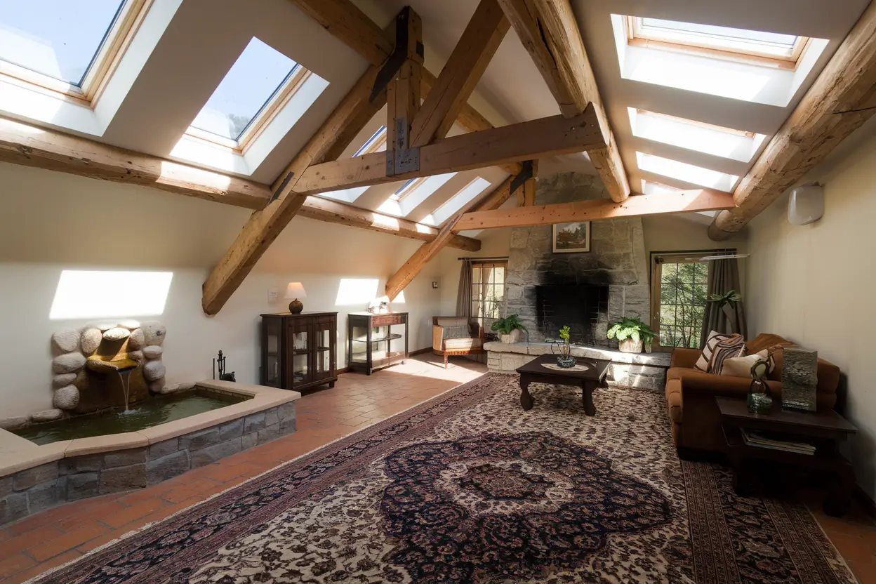 A room with skylights and solar tubes enhancing natural light. The room has a rustic charm with wooden beams and a stone fireplace. There is a indoor water feature, a small fountain in a living room corner. The floor is covered with a Persian rug, and there are a few pieces of furniture, including a sofa and a coffee table.