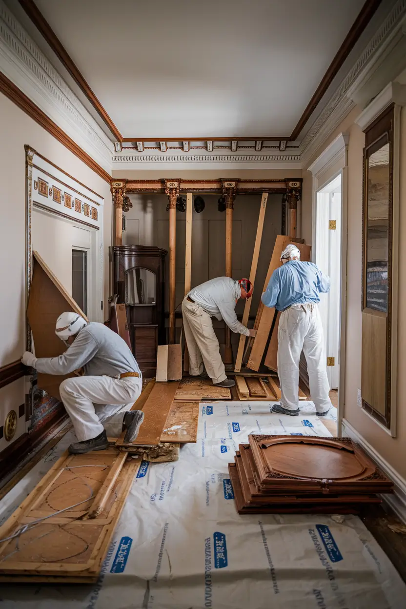 A documentary-style photograph of a historic home renovation. Skilled craftspeople are wearing protective gear and carefully removing original materials. They are delicately extracting ornate trim work, original hardwood flooring planks, and decorative hardware. The materials are organized and labeled on protective sheets. The room has natural lighting.