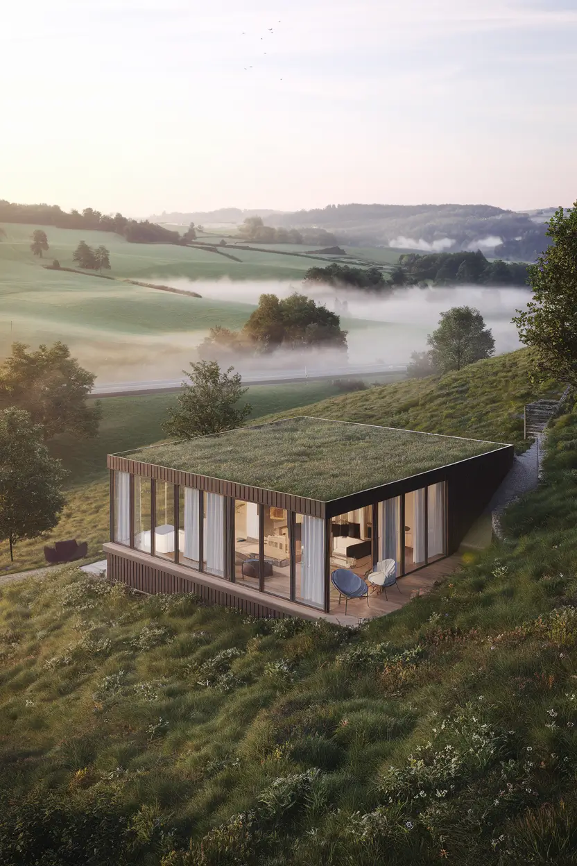 A photorealistic render of a sleek modern eco-home with floor-to-ceiling windows, nestled in lush rolling hills of the English countryside at dawn. Mist rises from the valleys. The home has a green roof and is built into the hillside. There is a wooden deck and a few chairs near the entrance. The background reveals more hills and a distant road.