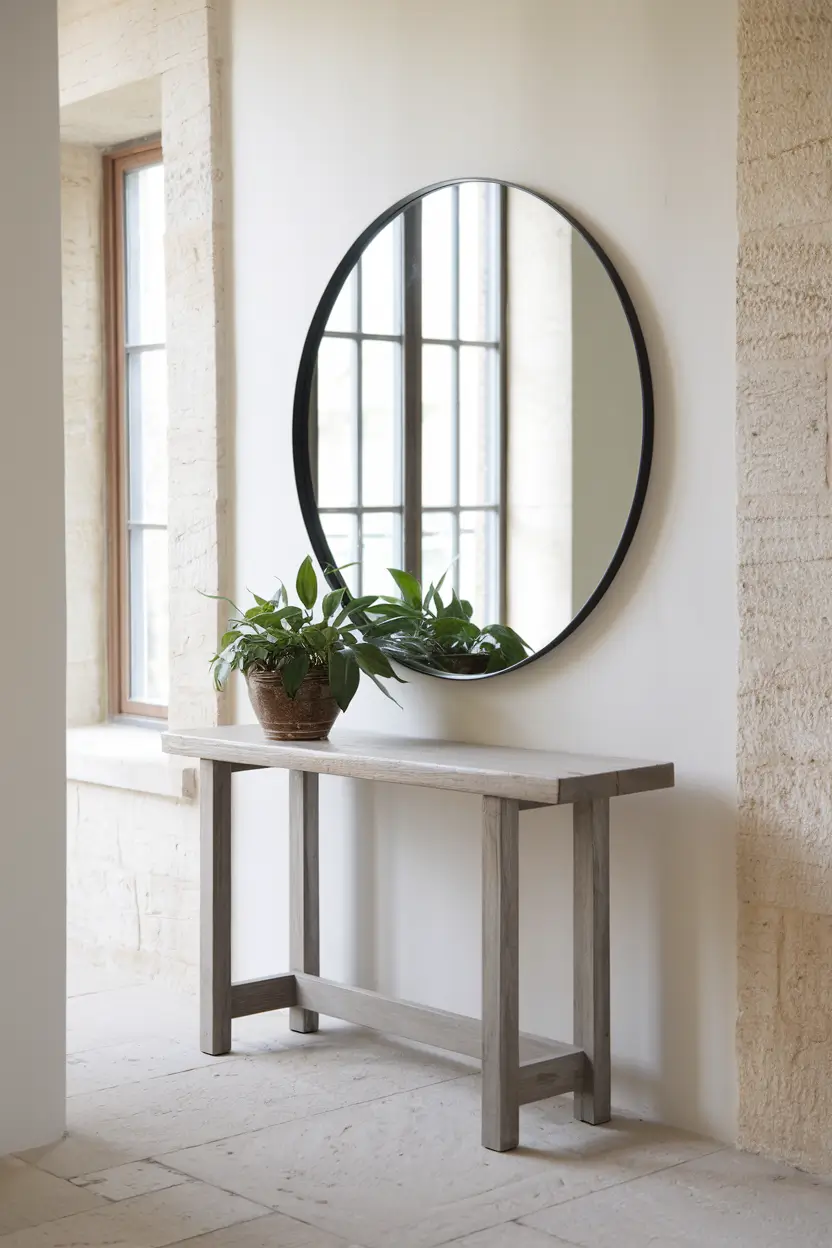 A photo of a bright hallway with a large round mirror mounted above a small wooden console table. The mirror has a thin black metal frame and is reflecting light from nearby windows. The table also has a potted plant. The floor and walls are made of stone.