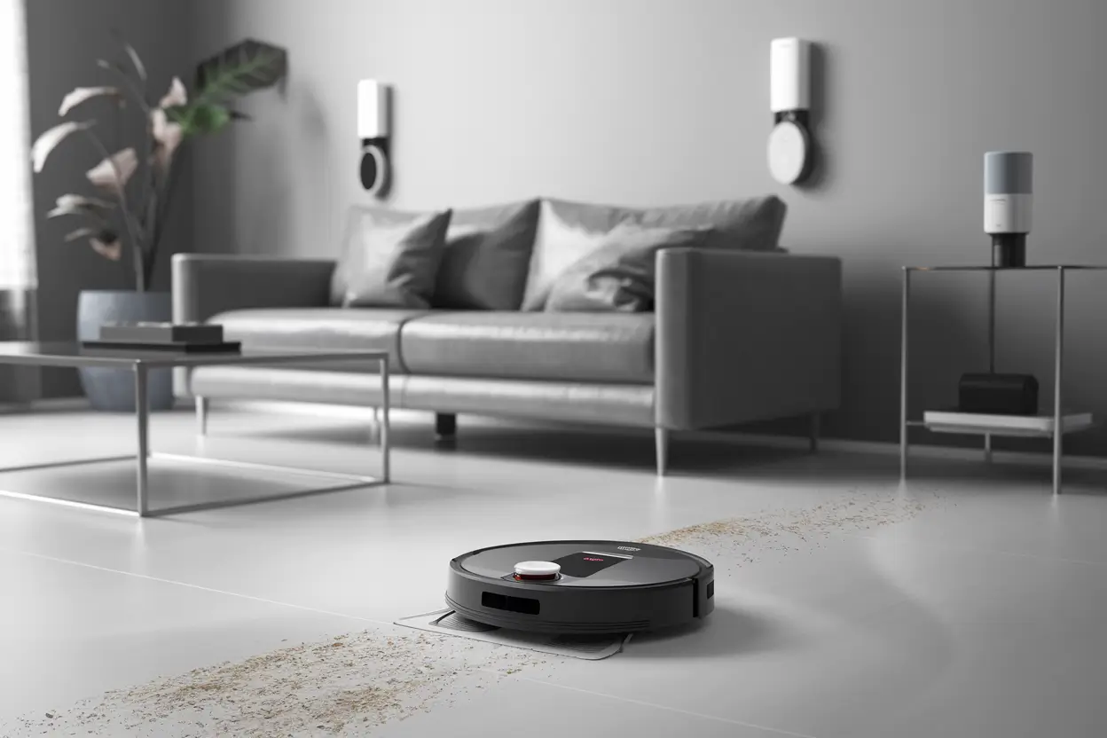 A photo of a sleek, clutter-free modern living room with a robotic vacuum cleaner navigating the space. The vacuum cleaner has a sleek design and is programmed to navigate around the room. The living room has a sofa, a coffee table, and a potted plant. There are also smart lighting devices mounted on the wall and a voice assistant device on a side table.