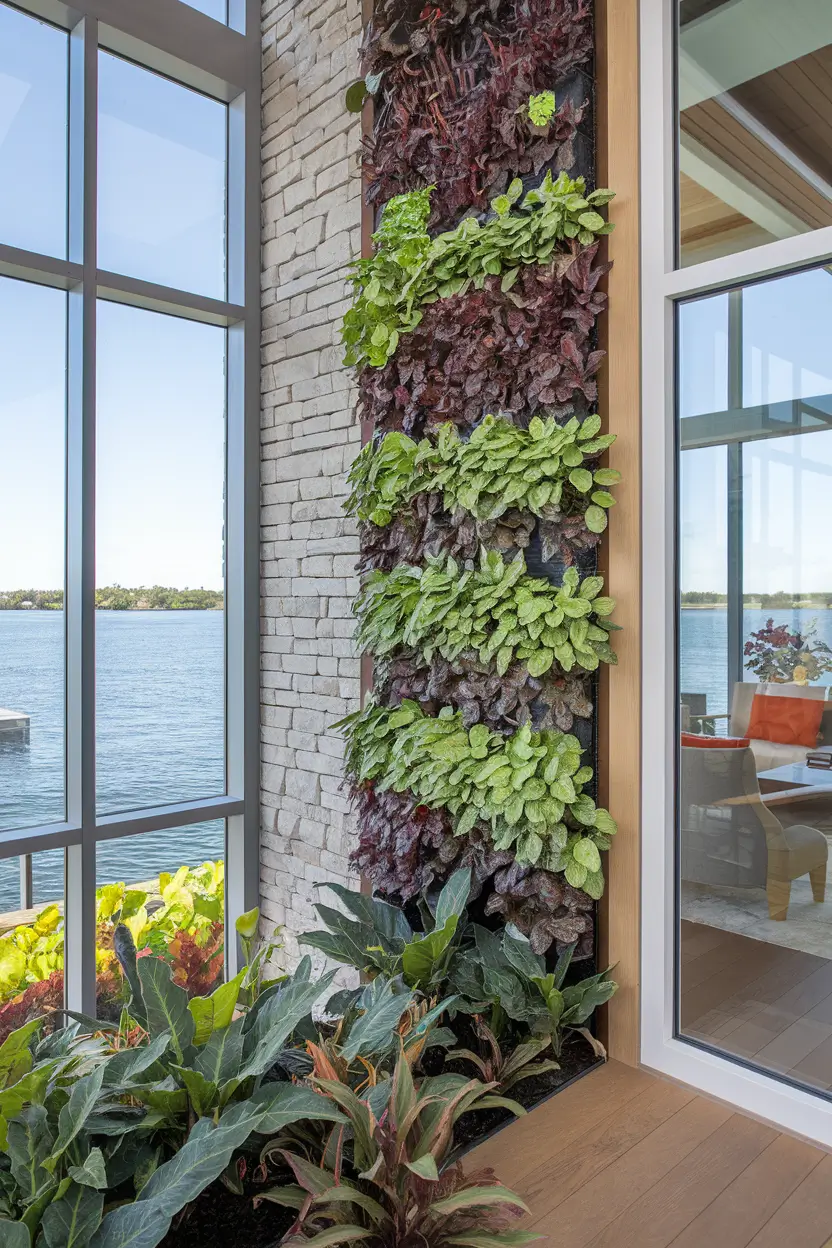 A photo of a waterfront home's living wall with abundant vertical greenery. The wall is made of natural wood and stone materials. The room has floor-to-ceiling windows framing water views. There are contemporary furnishings in earth tones. The room has mid-day natural lighting. The humidity-loving plants create an indoor microclimate. The connection between the interior plantings and the exterior landscape is visible.