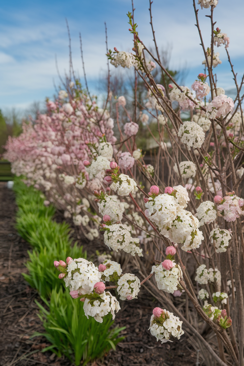 A photorealistic garden photography of a landscape view of a row of Burkwood Viburnum shrubs planted along a property line. The plants are in various flowering stages, showing the progression from light pink buds to white flower clusters, and finally to spring green leaves. There is a natural spacing between the plants. The background is a blue sky.