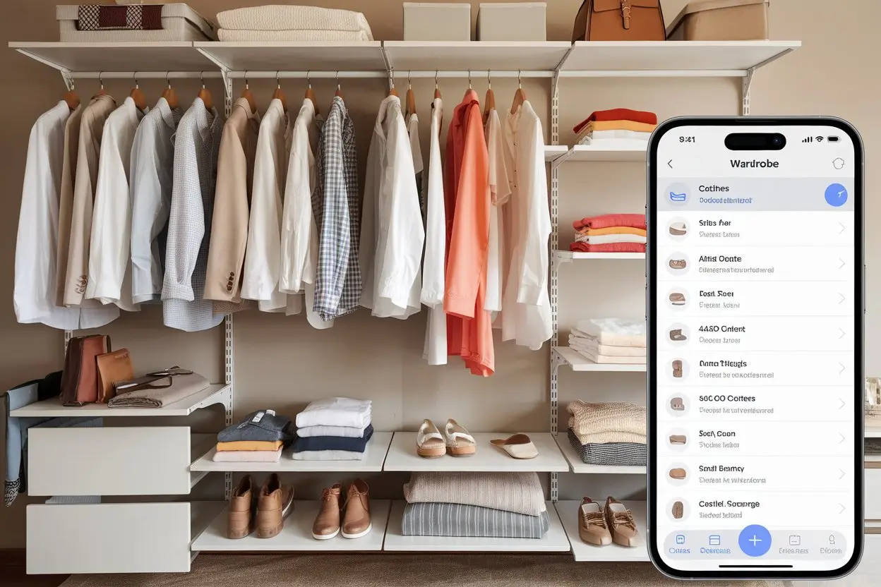 A photo of a neatly organized wardrobe with color-coordinated clothing. There are hanging clothes, folded clothes on shelves, and a few items on the floor. Next to the wardrobe is a smartphone displaying a wardrobe organization app that lists the clothes. The background is a beige wall.