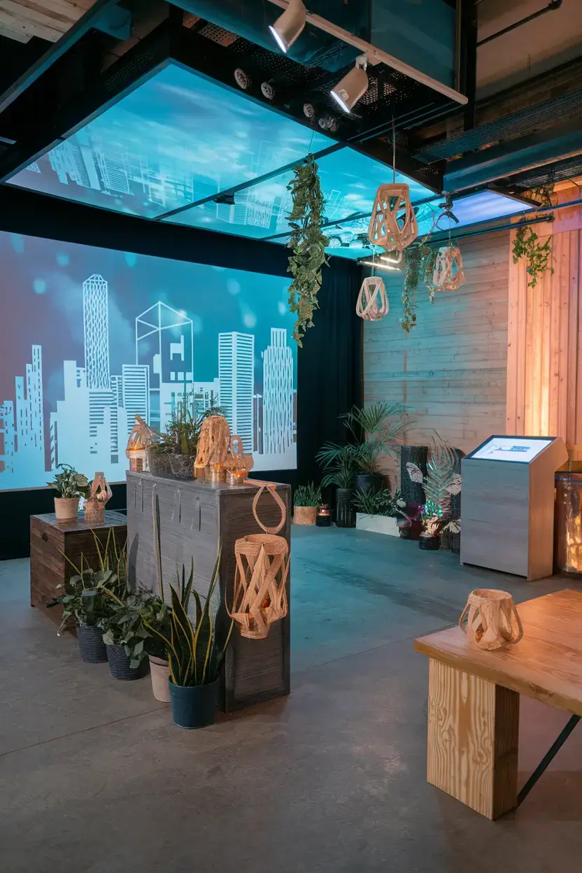 A photo of a contemporary party setup with holographic elements, sustainable decorations, and interactive features. There is a large holographic screen projecting a cityscape. The room is decorated with potted plants and lanterns made of recycled materials. There are interactive features such as a digital photo booth and a touchscreen table. The room has a modern design with wooden furniture and industrial elements.