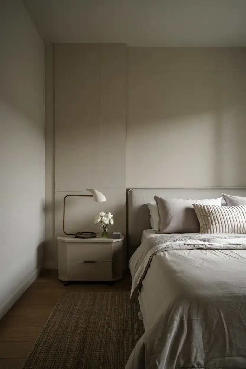A photograph of a light gray bedroom with a cozy beige accent wall. The room features a minimalistic design with a simple wooden bed adorned with soft gray linens and a few plush pillows. A sleek nightstand with a modern lamp and a small vase of white flowers adds to the serene ambiance. Soft natural light filters through a large window, casting gentle shadows on the beige wall.