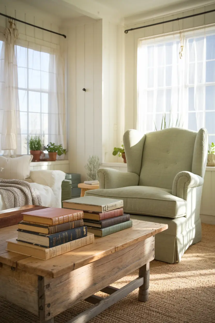 A sunlit cottage living room with soft white walls, featuring a plush sage green armchair with visible texture. A rustic wooden coffee table with a weathered finish sits in front, stacked with vintage hardcover books in various muted colors. Natural light streams through sheer curtains, creating a warm, inviting atmosphere with subtle shadows. The room includes small touches like a woven throw and potted herbs for authentic cottage charm.