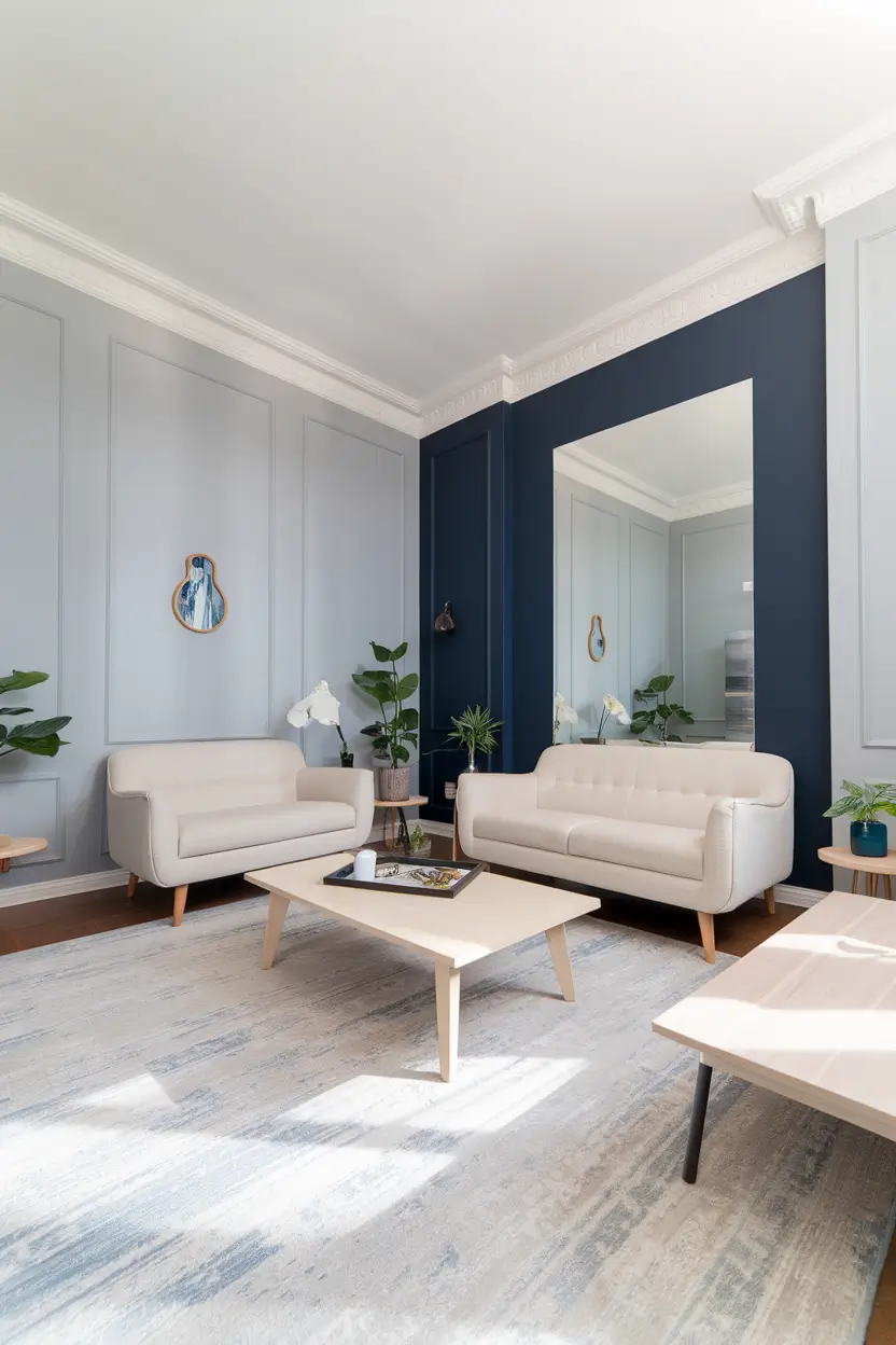 A wide-angle photo of a modern living room with light gray walls and a navy blue accent wall. The room contains a beige loveseat, a light wood coffee table, and a small sofa. There is a large mirror on the navy blue wall to create depth. The room has minimal but purposeful decor, including small plants. There is a light area rug that ties the color scheme together. The room is illuminated by natural daylight.