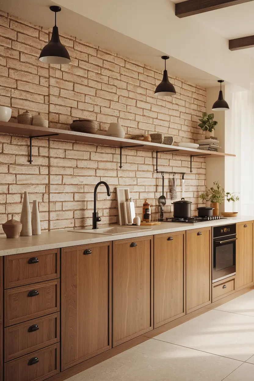 A photorealistic image of a contemporary kitchen with warm-toned wood cabinets, a textured exposed brick backsplash, and matte black fixtures. The cabinets have simple hardware and are placed against the brick wall. The countertops are made of light quartz or marble. Open shelving above the countertop displays a few ceramics, small indoor plants, and cooking essentials. The kitchen has a bright, airy atmosphere with natural lighting that highlights the textures.