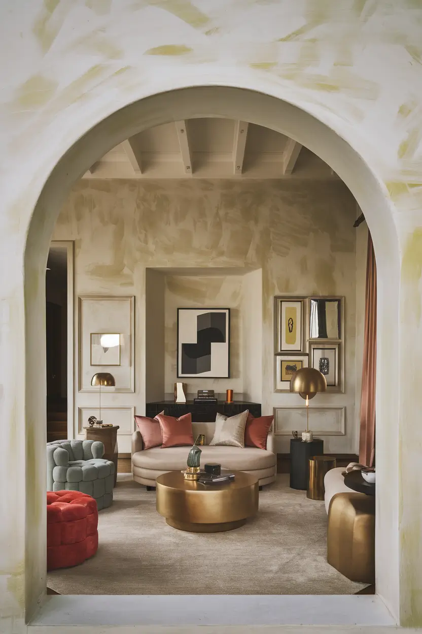 An elegantly designed living room with textured limewash walls in a soft, muted tone. The walls add depth and character to the space. The room contains contemporary furniture with strategic metallic accents, including a gold coffee table, a brass lamp, and silver picture frames. A modern art piece serves as the focal point of the room. The space also features plush textiles in complementary colors and thoughtful lighting that highlights the wall texture. The room achieves a perfect balance between trendy elements and classic design. The photograph was taken in early evening light, which accentuates the metallic elements.