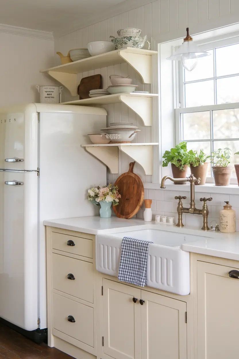 A photo of a harmonious cottage kitchen where modern meets vintage. The sleek white refrigerator blends seamlessly with cottage-style cabinetry painted in cream or soft white. The focal point is a farmhouse-style porcelain sink with a visible apron front and a vintage-inspired brass faucet. Open shelving displays mismatched dishware and mason jars. Details like herb pots on the windowsill, a gingham dish towel, and subtle floral accents showcase how modern conveniences can be integrated into cottage charm without disrupting the aesthetic.
