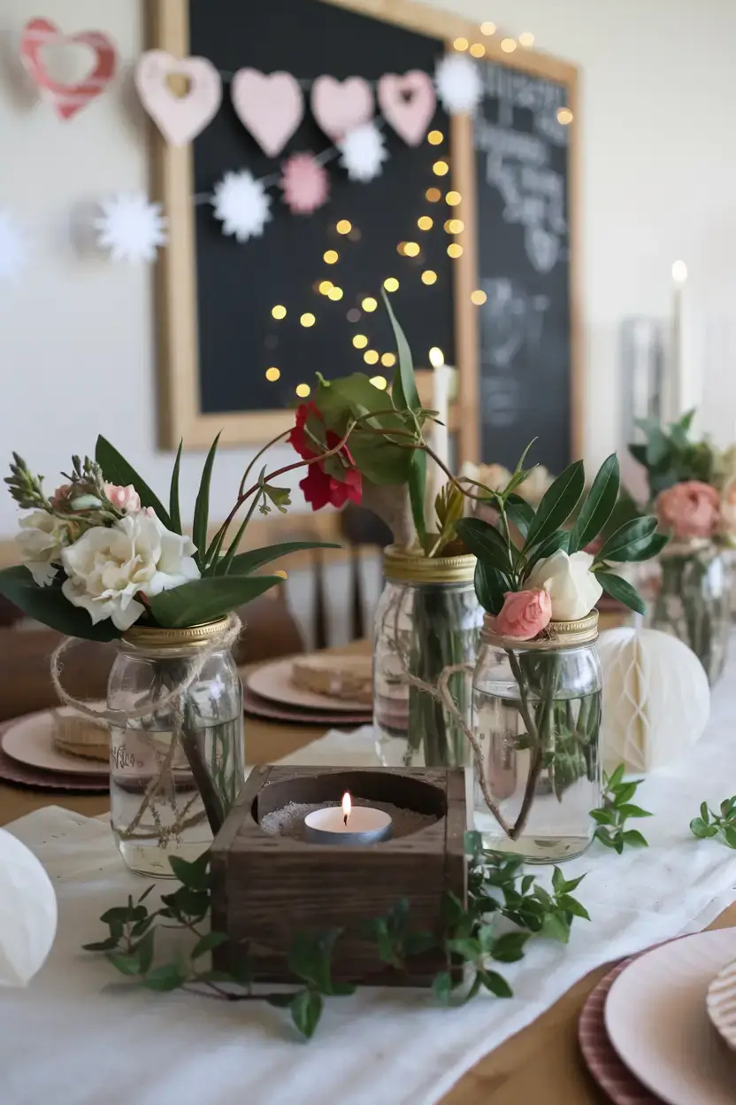 A budget-friendly party setup using natural elements, DIY paper decorations, and repurposed household items. There are flowers, leaves, and vines wrapped around mason jars filled with water. The jars serve as vases and candle holders. The table is adorned with a white tablecloth. There are paper garlands with hearts and stars, and paper lanterns. The centerpiece is a wooden box with a hole in the middle. The box contains sand and a single candle. The background contains a chalkboard with a message and a string of fairy lights.