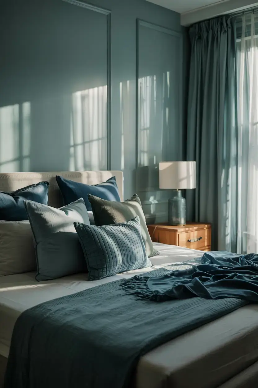 A photograph of a dreamy bedroom with a mix of blue, green, and neutral tones. The focal point is a cozy bed with plush pillows in varying shades of blue and green, set against a dusty blue wall. A wooden nightstand with a simple lamp sits beside the bed, and soft natural light filters through sheer curtains, creating a serene and inviting atmosphere.