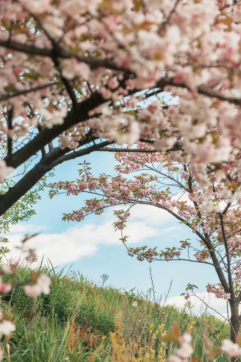 A photograph of delicate cherry blossom branches reaching towards a vibrant blue sky, viewed from a low angle. The branches are densely covered in pale pink blossoms, their petals softly illuminated by the sunlight, creating a dreamy effect. Below the branches, a patch of lush green grass is visible, with scattered wildflowers adding a touch of color. Gentle, diffused sunlight creates a soft, ethereal glow throughout the scene.