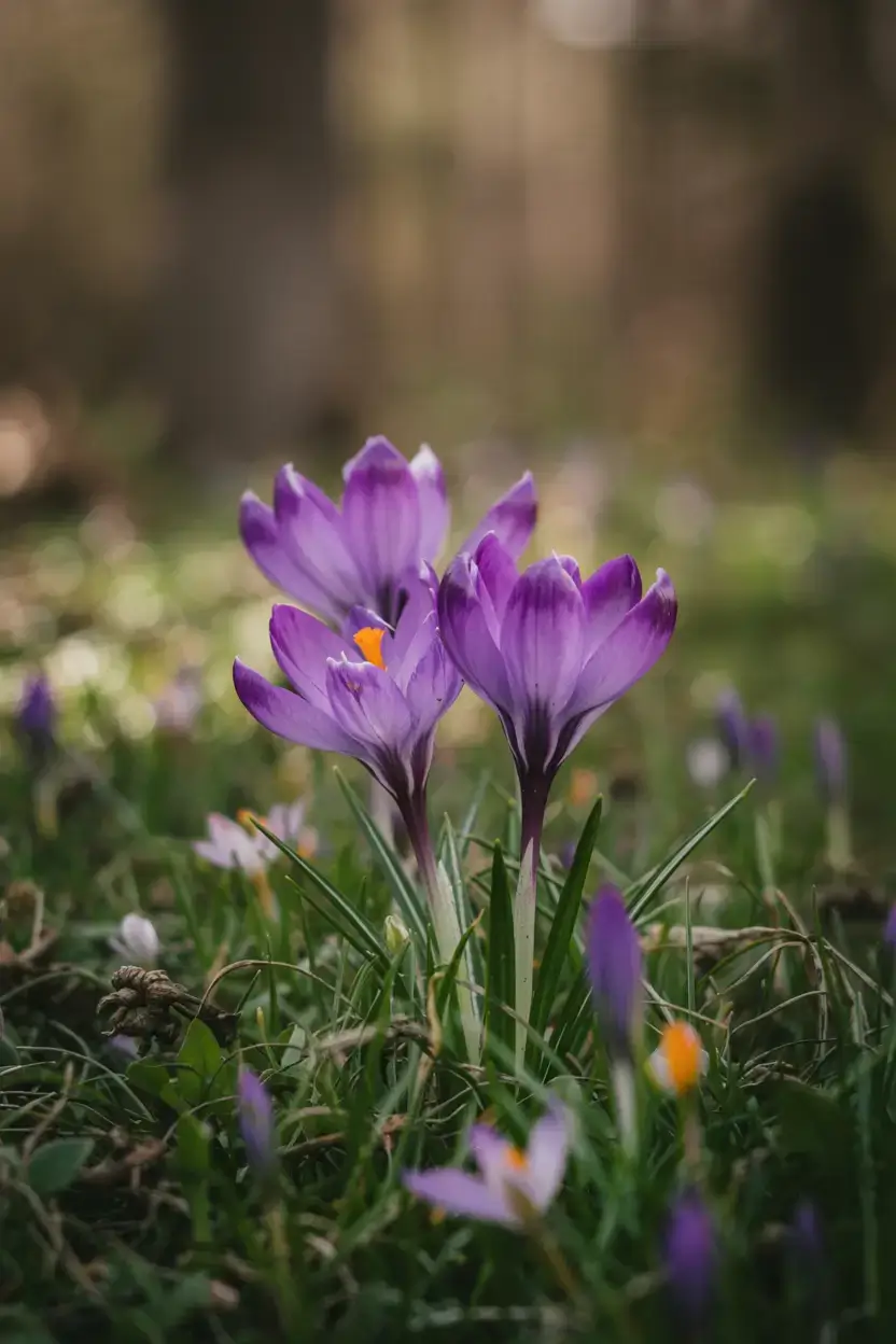 A photograph of a vibrant purple crocus blooming in a field of early spring grass. The crocus has velvety petals with a bright yellow center, and its slender stem gently bends toward the sunlight. Shallow depth of field blurs the surrounding grass and other wildflowers into a soft green background, creating a tranquil and serene atmosphere. Soft, diffused sunlight illuminates the crocus, highlighting its delicate details and creating a gentle, natural glow.