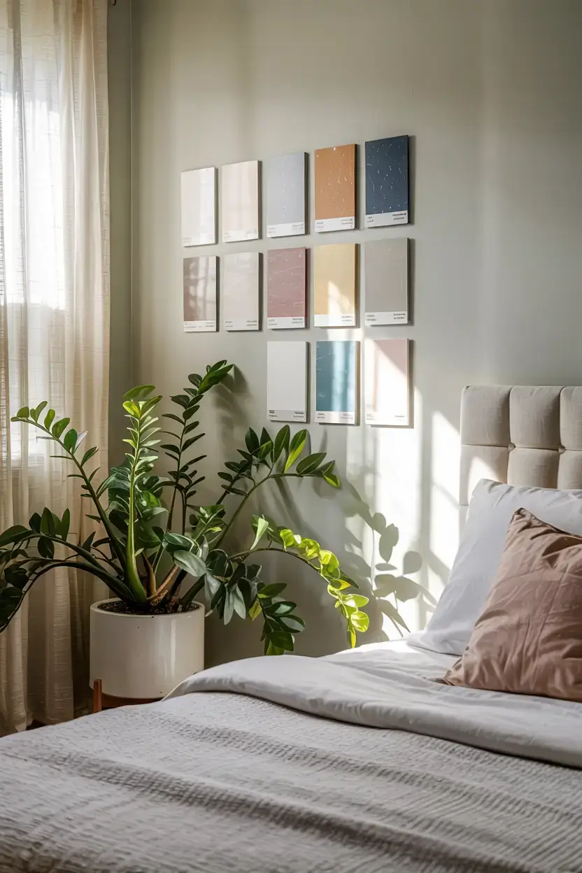 A photograph of a cozy bedroom with a soft gray wall adorned with a variety of paint swatches. In one corner, a lush indoor plant sits in a white ceramic planter, its leaves cascading gracefully. The room is bathed in warm, natural light streaming through a window, creating a serene and inviting atmosphere.