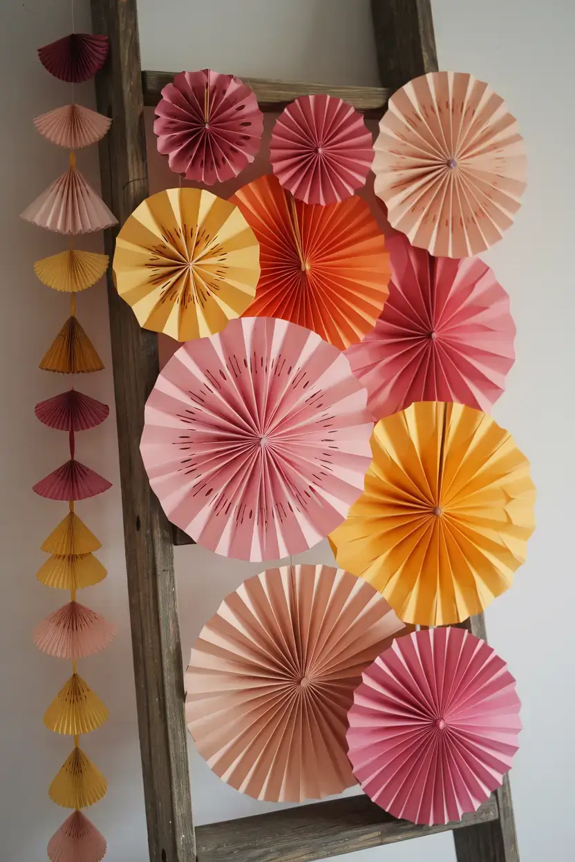 A photo of a collection of DIY paper decorations. There are paper flowers in shades of pink, orange, and yellow. There are also paper fans in the same colors. There are custom garlands in coordinating colors. The decorations are placed on a wooden ladder. The background is a white wall.