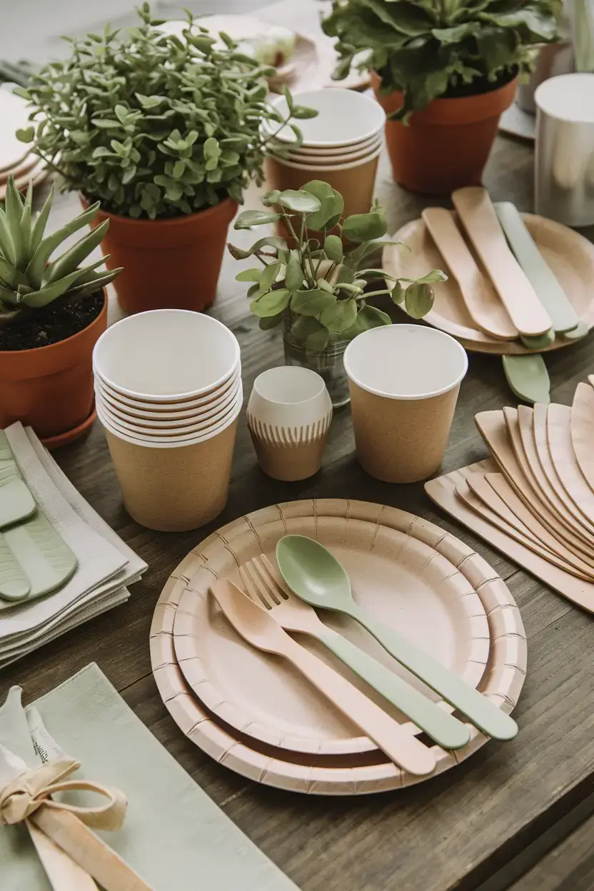A photo of eco-friendly party decorations. There are potted plants, biodegradable plates, cups, and utensils. There are also reusable elements, such as cloth napkins and reusable bags. The background is a wooden table.
