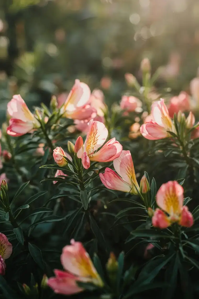 A photo of flower petals backlit by the early morning sun, with a translucent glow. The petals are in full bloom and have a soft pink hue. The background is a lush green plant. The overall image has a soft, warm light.