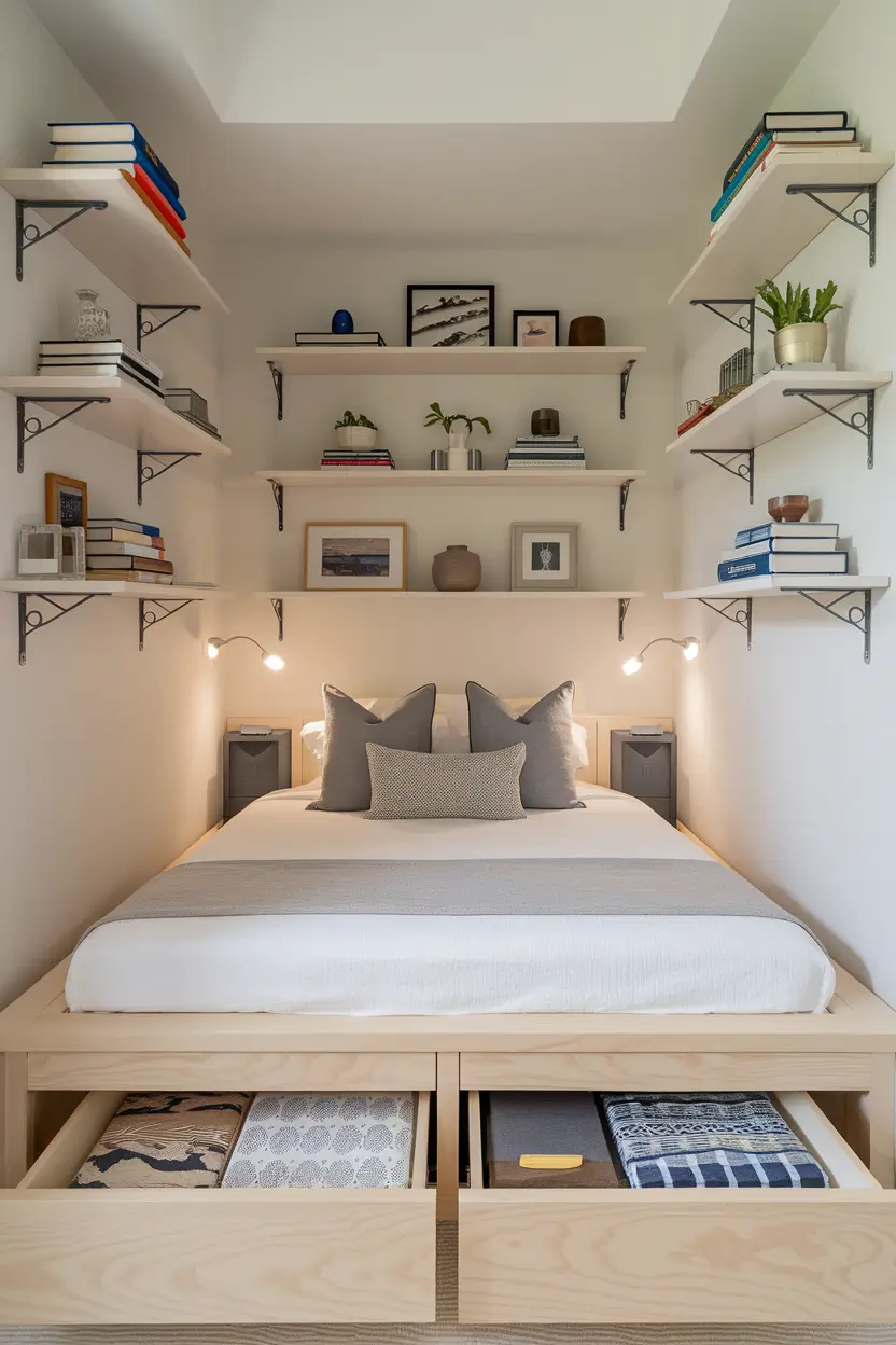 A photo of a small bedroom with a cleverly designed platform bed with built-in drawers underneath. The bed is the focal point of the room, with floating shelves mounted on the walls in a stylish arrangement, displaying books, small plants, and decorative items. The room has a neutral color palette, with strategic pops of color in the accessories. There is a multi-functional nightstand and wall-mounted reading lights. The room is clean and organized, with minimal floor space occupied by furniture. The natural light highlights the efficient design.