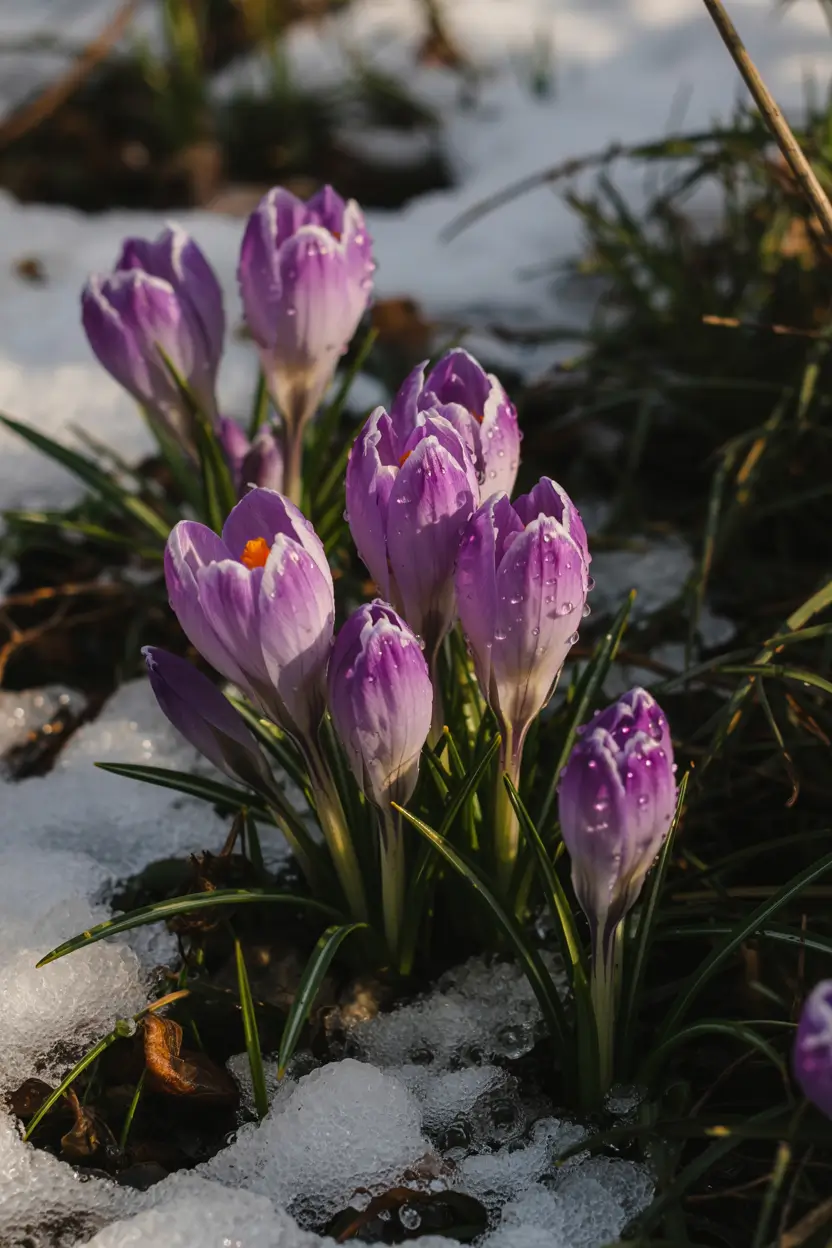 Early crocuses breaking through melting snow, captured in soft morning light