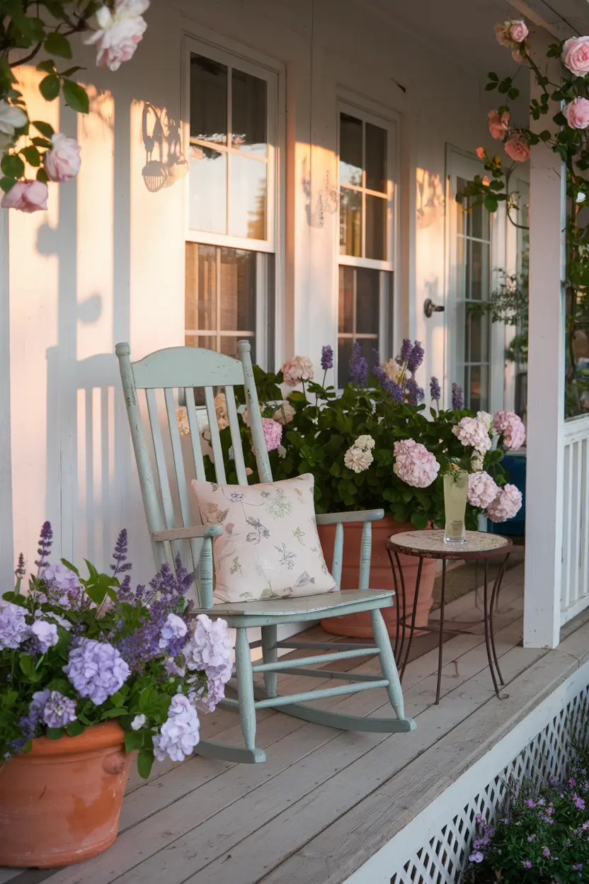 A serene cottage porch at sunset with golden-pink light bathing the scene. A classic wooden rocking chair with a small cushion in muted floral print sits invitingly on weathered wooden boards. Terracotta pots overflow with cottage garden flowers in soft purples, pinks, and whites—lavender, hydrangeas, and daisies. A small rustic side table holds a glass of lemonade. The sunset creates long shadows and a warm glow across the porch railings, while climbing roses frame the scene, embodying the indoor-outdoor connection central to cottage living.