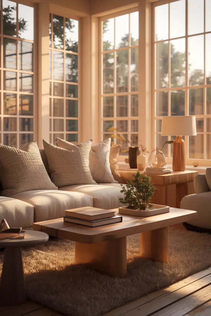 A photorealistic image of a warm, inviting living room with golden sunlight streaming through large windows. The soft glow illuminates a comfortable neutral-colored sofa adorned with textured throw pillows. A stylish coffee table sits nearby, holding a few books and a small houseplant. The room also features natural wood elements throughout, such as the table and a lamp. A plush area rug is placed beneath the sofa and table. The room has warm lighting and minimalist decor, giving it a lived-in yet elegant atmosphere.