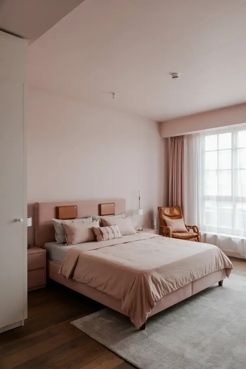 A photograph of a pastel pink bedroom with subtle masculine touches. The bed is centered in the room, featuring a soft pink duvet and matching pillows, with leather accents on the headboard and bedside table. A dark wooden floor contrasts with the light walls, and a leather armchair sits by a window with sheer white curtains, allowing soft natural light to fill the room.