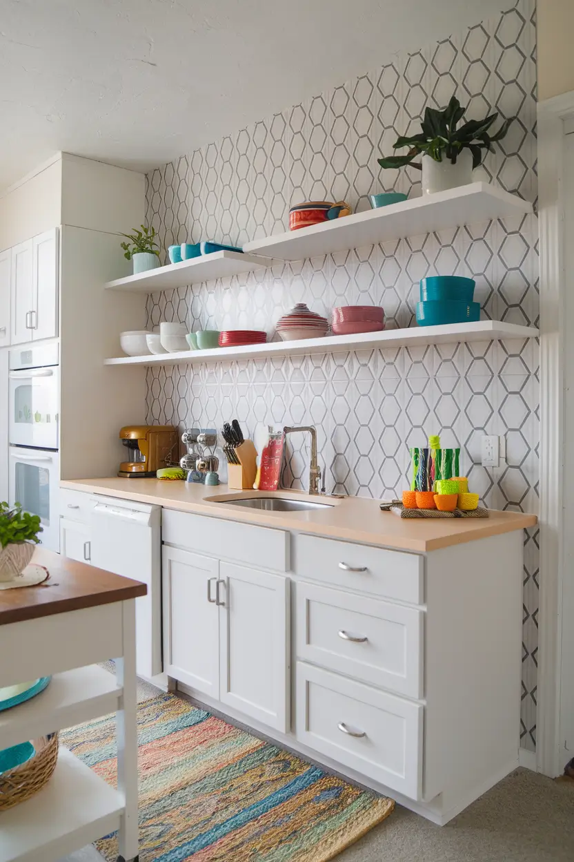 A photo of a rental kitchen that has been transformed with trendy peel-and-stick backsplash tiles in a geometric pattern. This addition adds visual interest without causing permanent changes. The kitchen has white cabinets, which have been updated with temporary decorative hardware. A stick-on countertop covering has been used to refresh the space. Removable floating shelves display colorful dishware and plants. A portable kitchen island or cart has been added to provide extra workspace. A temporary floor covering or rug has been placed to add warmth. The overall atmosphere is bright and cheerful, showcasing creative non-permanent solutions.