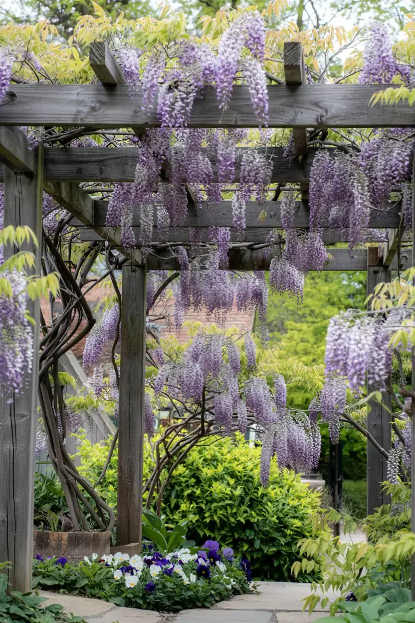 A photograph of a weathered wooden pergola draped with cascading wisteria blossoms in full bloom. The lavender flowers hang in thick, twisting clusters, their delicate petals illuminated by the soft, diffused light of early morning. Beneath the pergola, a stone path winds gently through a lush green garden, where vibrant pansies peek from among the foliage. Gentle sunlight filters through the wisteria, casting a dappled glow upon the scene, creating a tranquil and inviting atmosphere.