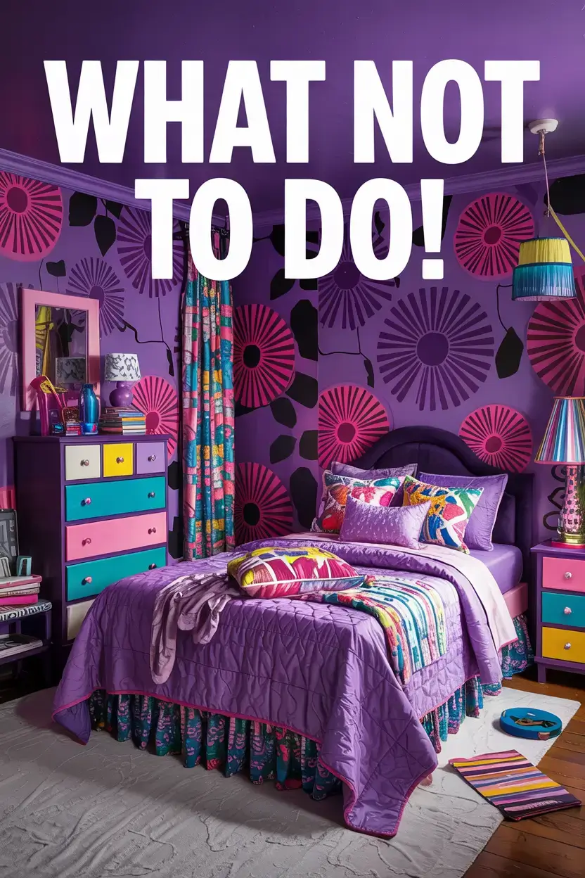 A photograph of a chaotic purple bedroom with bold patterns and mismatched furniture. The walls are covered in vibrant purple wallpaper with large floral and geometric patterns, while a disheveled bed with a purple quilt and scattered pillows takes center stage. A dresser with drawers of varying colors and a lamp with a mismatched shade stand in the corner, while "What NOT to do!" is prominently displayed in bold white letters at the top of the image. The room is dimly lit, adding to the chaotic and unsettling atmosphere.