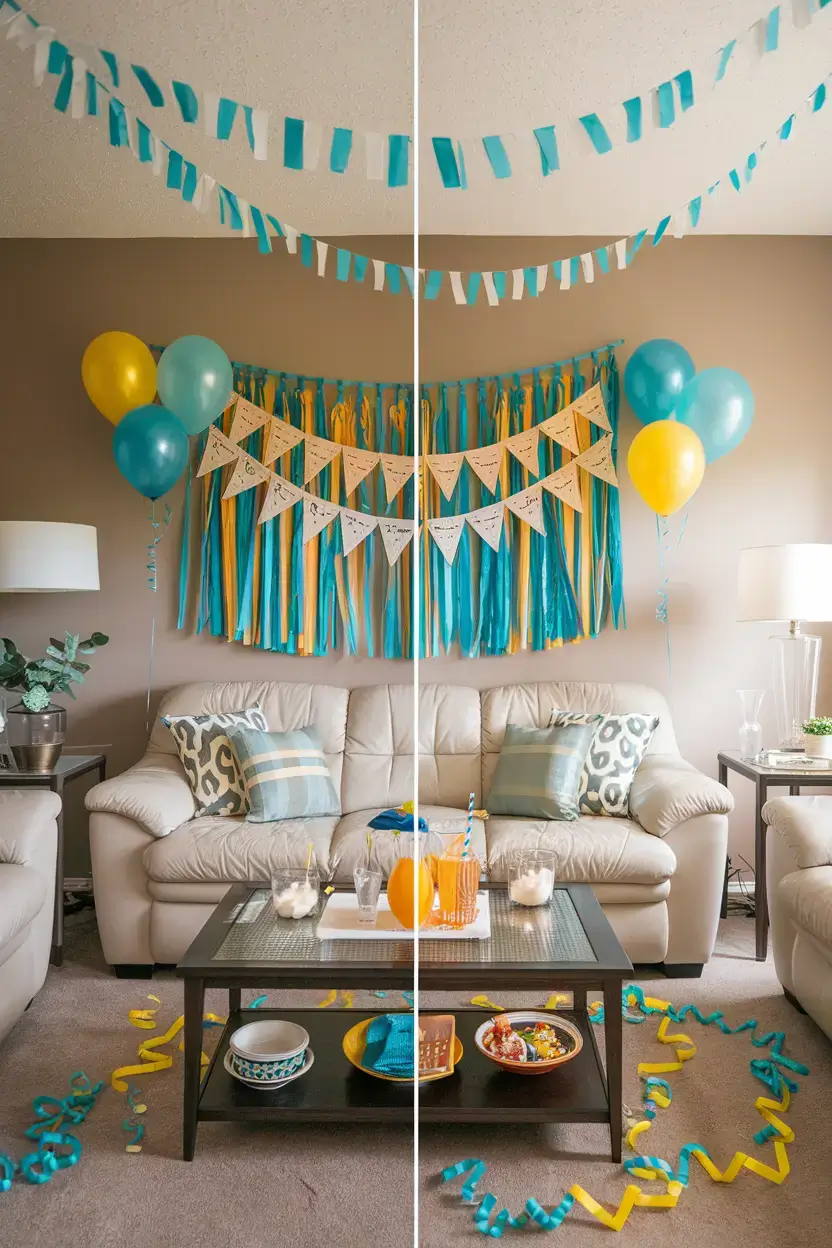 A photo of a living room before and after a budget-friendly party decoration transformation. The "before" photo shows a beige room with a couch, a coffee table, and a lamp. The "after" photo reveals the same room transformed with a party atmosphere. There are balloons, streamers, and a banner above the couch. The coffee table holds a punch bowl and glasses. The lamp has been moved to the floor. The walls and floor are now decorated with a pattern of blue and yellow streamers.