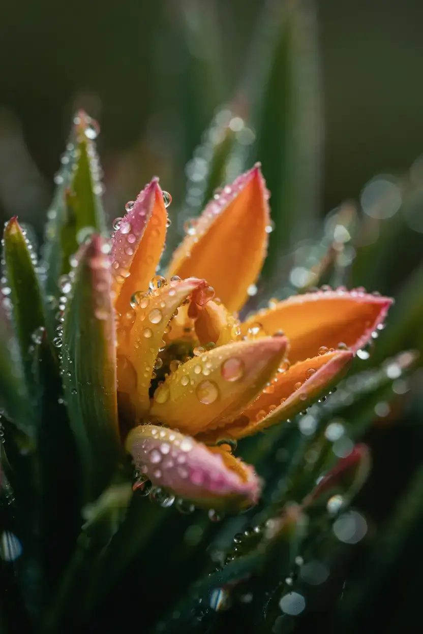 Extreme close-up of dewdrops on flower petals creating bokeh effect